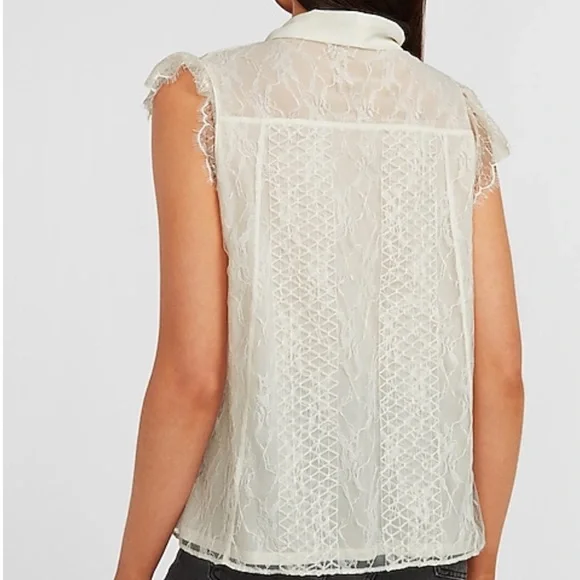 🆕EXPRESS Ivory Tie Neck Lace Top - Size: S - Picture 2 of 8
